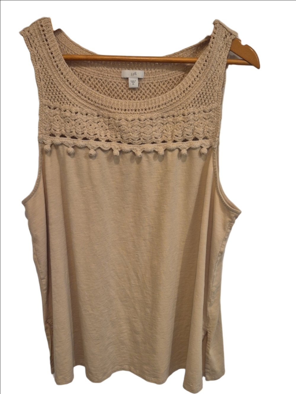 J. Jill Beige Crochet Yoke Cotton Blend Tank with Pom Pom Trim